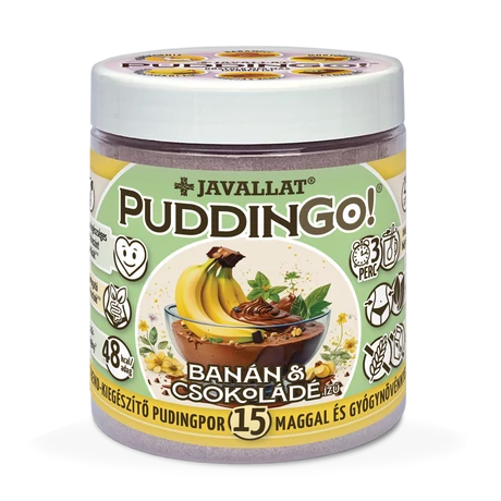 PuddinGo!® Banán és csokoládé ízű instant pudingpor 15 maggal és gyógynövénnyel