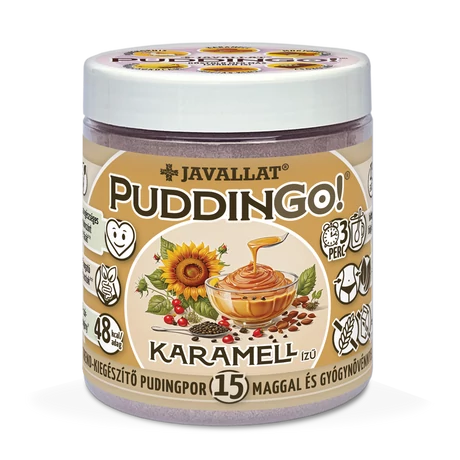 PuddinGo!® Karamell ízű instant pudingpor 15 maggal és gyógynövénnyel